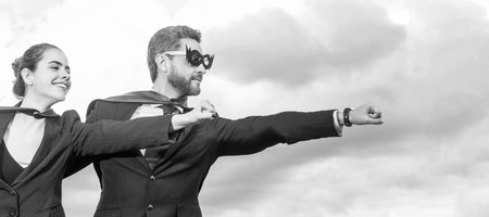 business people in superhero suit on sky background. Horizontal poster design. Web banner header,...