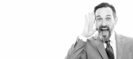 grizzled man presenting phone screen. surprised businessman showing smartphone. Man face portrait, banner with copy space.の写真素材