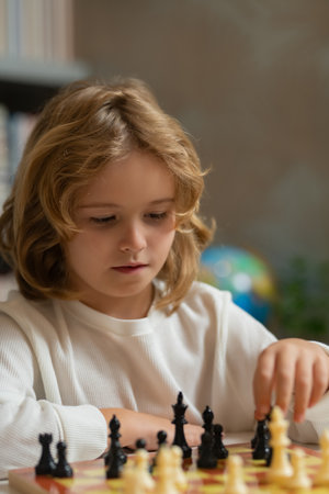 Chess school. Child think or plan about chess game in classroom. Intelligent, smart and clever...