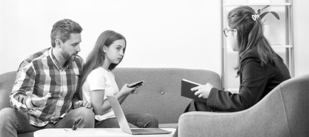 Psychologist give family therapy for dad mom and daughter girl, psychology. worried father talk to...