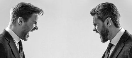 Man face portrait, banner with copy space. arguing businesspeople. dissatisfied men discuss failure....