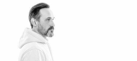 Man face portrait, banner with copy space. fashion model. bearded senior guy with moustache isolated...