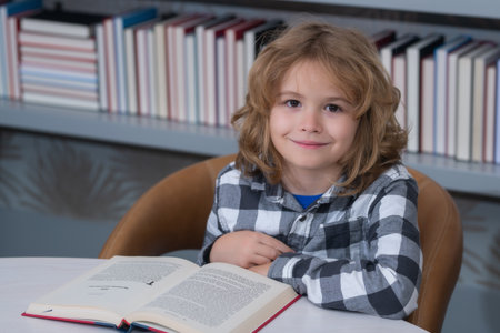 Child reading a red book in the library. Little student on school library.の写真素材