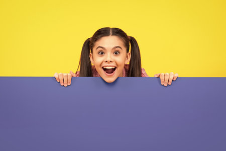 Teenage girl holds a blank for notification informing. Advertisement and sale. Markets and shops sales concept, blank board for copy space. Happy positive and smiling emotions of teen girl.の写真素材