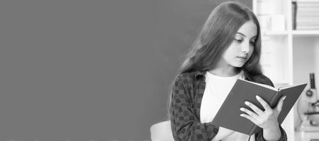 modern education. high school. schoolgirl with copybook. busy child read notebook. Banner of school...