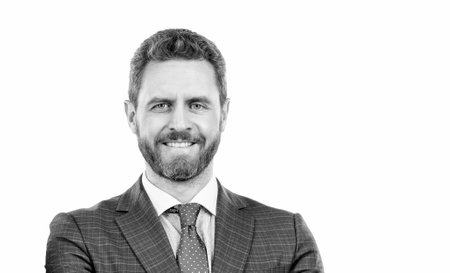 Portrait of happy manager professional man employee smiling isolated on white copy space, director
