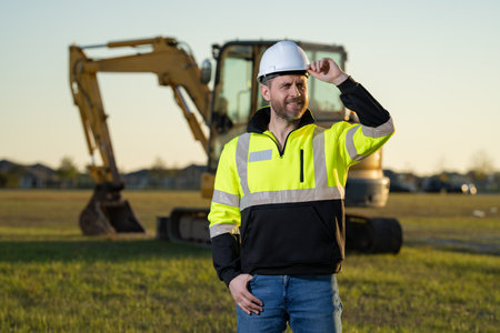 Worker at construction site. Builder in hardhat. Construction man with helmet. Worker at...