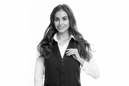 Elegant young businesswoman on white studio background. Portrait of a beautiful business woman.の写真素材