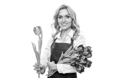 glad young woman in apron with spring tulip flowers isolated on white backgroundの写真素材