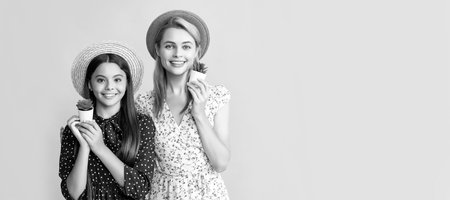 Mother and daughter kid banner, copy space, isolated background. smiling mother and daughter with...