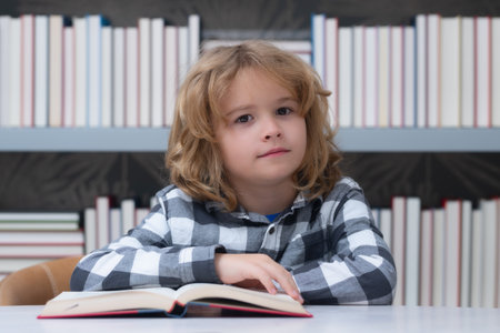 Education, knowledge and bookstore concept. Child reading book in a book store or library,の写真素材