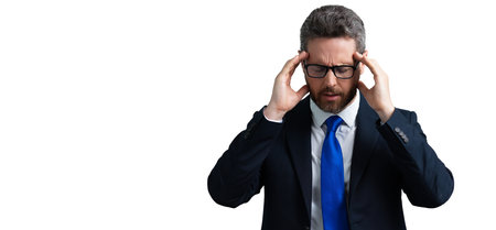 Head pain, medicines pills concept. Cephalalgia and migraine. Man with sinus headache, tension or...