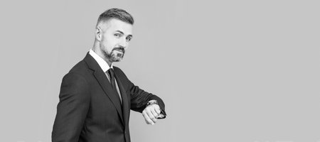 Man face portrait, banner with copy space. time management. agile business. professional network administrator hold computer.の写真素材