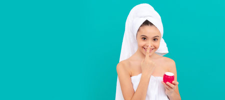 Clean skin care of teenager girl, daily habit and personal care. skincare beauty. beauty cosmetic. cleansing scrub. Cosmetics and skin care for teenager child, banner design.の写真素材