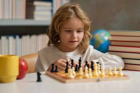 Early development. Boy thinking about chess. The concept of learning and growing children. Chess, success and winning. Games good for brain intelligence concept.の写真素材