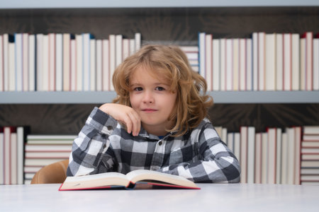 Child in the library reads books. Schoolkid choosing book in school library. Kids literature for reading. Kid in bookstore. Learning from books. School education. Back to school.の写真素材