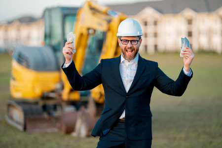 Construction manager in suit and helmet at a construction site. Construction manager worker or supervisor wearing hardhat in front of house. Supervisor construction manager near excavator. Renovation.の写真素材