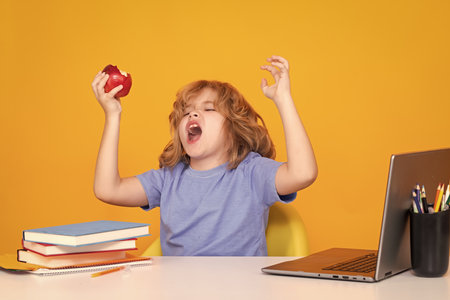Excited funny pupil. Little student school child isolated on studio background. Portrait of nerd student with school supplies.の写真素材