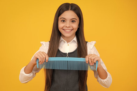 Teen girl girl with brush combing hair. Girl taking haircare and hairstyle. Hairdresser hair solon...