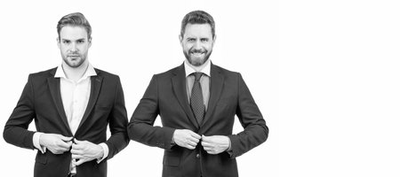 Man face portrait, banner with copy space. buttoning jacket. businessmen isolated on white. boss and employee. confident business partners.の写真素材