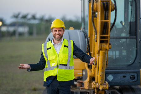 Buider man in suit and hardhat. Construction investor. Business man investor in front of construction site. Successful investor. Handsome man in suit and hardhat at building construction.の写真素材