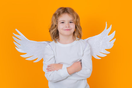 Angel child. Isolated studio shot. Cute kid with angel wings. Cupid, valentines day concept.の写真素材