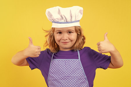 Kid chef cook, studio portrait. Children cooking. Kid boy with apron and chef hat.の写真素材