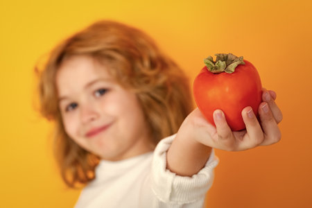 Kid with persimmon in studio. Studio portrait of cute child hold persimmon isolated on yellow background.の写真素材
