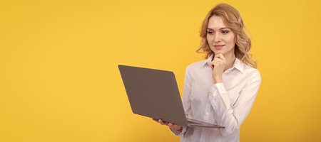 check email. thinking freelance woman post blog online. copy space. businesslady. Woman isolated face portrait, banner with mock up copy space.の写真素材