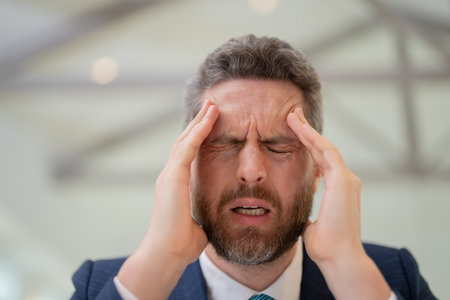 Tired man having a terrible headache. Exhausted man feeling unhealthy, upset about headache illness. Stressed middle-aged man having headache. Migraine and headache concept.の写真素材