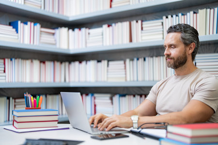 Teacher with laptop in library classroom. Handsome teacher work on laptop in university library....