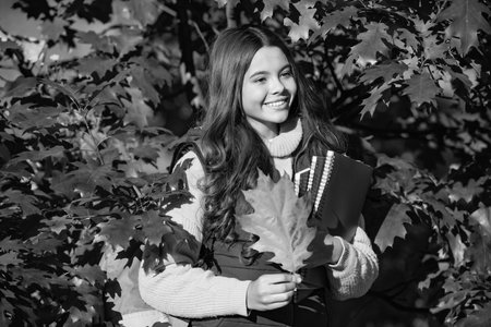 Autumn kid girl face on autumn fall leaf background. positive girl hold workbook on autumn leaves backgroundの写真素材
