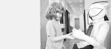 small boy interact with cyborg artificial intelligence, communication. Horizontal poster design. Web...