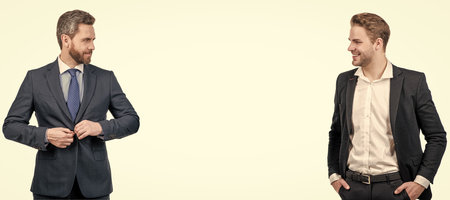 two businessmen in suit. business success. confident business partners. entrepreneur and manager. Man face portrait, banner with copy space.の写真素材