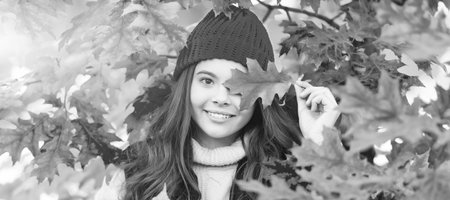 happy teen girl in hat with autumn colorful oak tree leaves, fall. Autumn fall child for poster design. Banner header, copy space.の写真素材