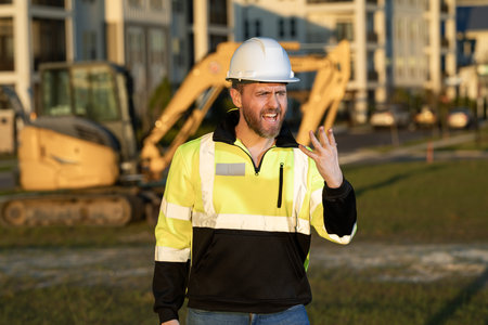 Portrait of worker man small business owner. Construction worker with hardhat helmet on construction site. Construction engineer worker in builder uniform with excavation truck digging. Worker construction.の写真素材