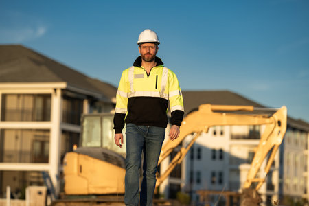 Caucasian man, construction worker in helmet at construction site. Industry engineer worker in hardhat near bulldozer or digger tractor. Concept of construction industry. Construction site manager.の写真素材