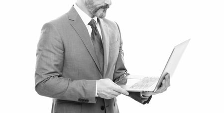 cropped business man use modern wireless laptop work online isolated on white, freelanceの写真素材