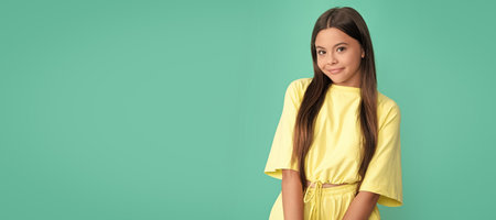 beauty and fashion. female fashion model. pretty look of young girl. Child face, horizontal poster, teenager girl isolated portrait, banner with copy space.の写真素材