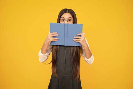 Teen girl pupil hold books, notebooks, isolated on yellow background, copy space. Back to school, teenage lifestyle, education and knowledge.の写真素材
