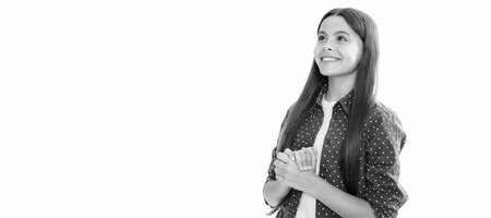 Portrait of happy smiling teenage child girl. Beautiful teen girl student. Child face, horizontal poster, teenager girl isolated portrait, banner with copy space.の写真素材