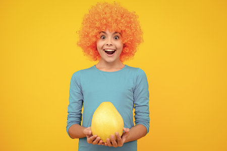 Teenager child girl hold citrus fruit pummelo or pomelo full of vitamin, isolated on yellow background. Kid healthy eating. Excited teenager, glad amazed and overjoyed emotions.の写真素材