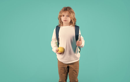 Kid from elementary school. School child boy in school uniform with bagpack book and apple. School children on studio isolated blue background.の写真素材