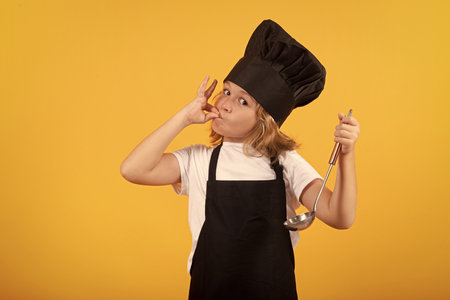 Funny kid chef cook with kitchen ladle, studio portrait. Child cooking, little chef prepares food. Kid boy in chefs hat and apron on yellow studio isolated background.の写真素材
