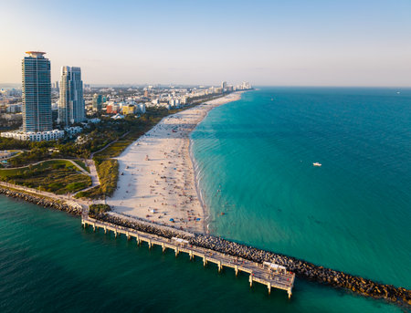 Miami Beach aerial view with skyline. Miami from above. Miamis famous landmarks. South Pointe beach with skyscrapers.の写真素材