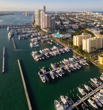 Aerial view of Miami Beach marine. Drone shot of Miami marine cityscape.の写真素材