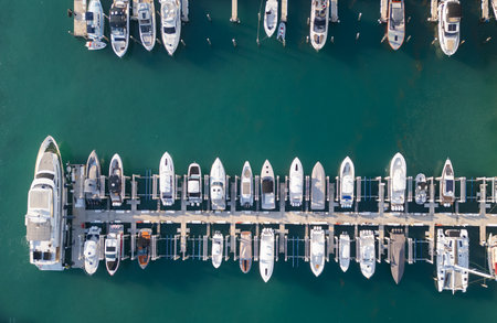 Top view of a luxury yacht and boats along the Miami marina. Aerial shot of a white yacht in turquoise tropical waters. Yachts in a vibrant marina. Luxury yachts cruise.の写真素材