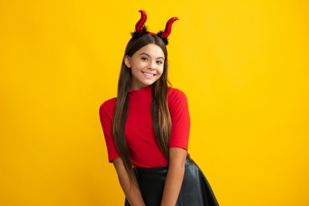 Kid girl witch having fun on Halloween party. Funny little girl with pumpkin. Halloween witch girl. Cute teen witch. Happy Halloween. Portrait of an Halloween child.の写真素材