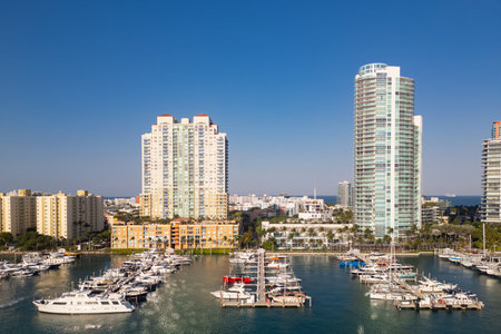 Cityscape of downtown Miami. Tropical paradise in South Beach. Marina in Miami. Waterfront view of Miami skyline. Aerial shot of Miami marina.の写真素材