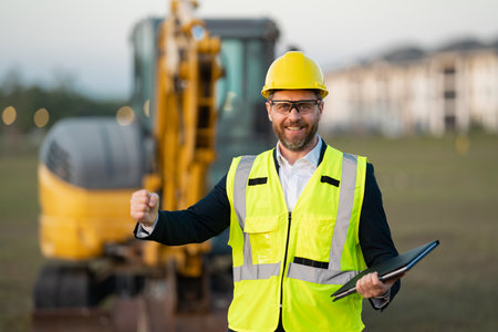 Construction manager in suit and helmet at a construction site. Construction manager worker or...